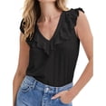 thumbnail image 3 of Top sin mangas con dobladillo con volantes para mujer, cuello en V, color puro, transpirable, moda de verano, camiseta sin mangas, negro S, 3 of 6