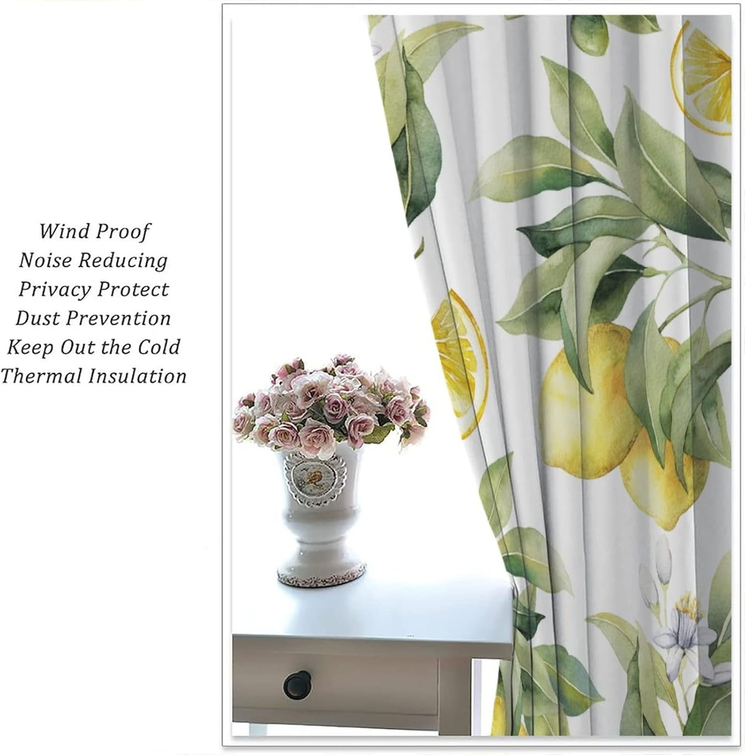 Lemon Twig Curtains, Exotic Yellow Lemon Twig Hand Painted Citrus Theme Blackout Window Curtains, Living Room Bedroom Dining Room 2 Sets of Panels, 52x84 in.
