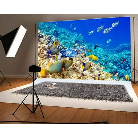 Image of ABPHOTO 7x5ft Photography Backdrop Undersea World Coral Fish Blue Water Aquarium Photo Background Backdrops