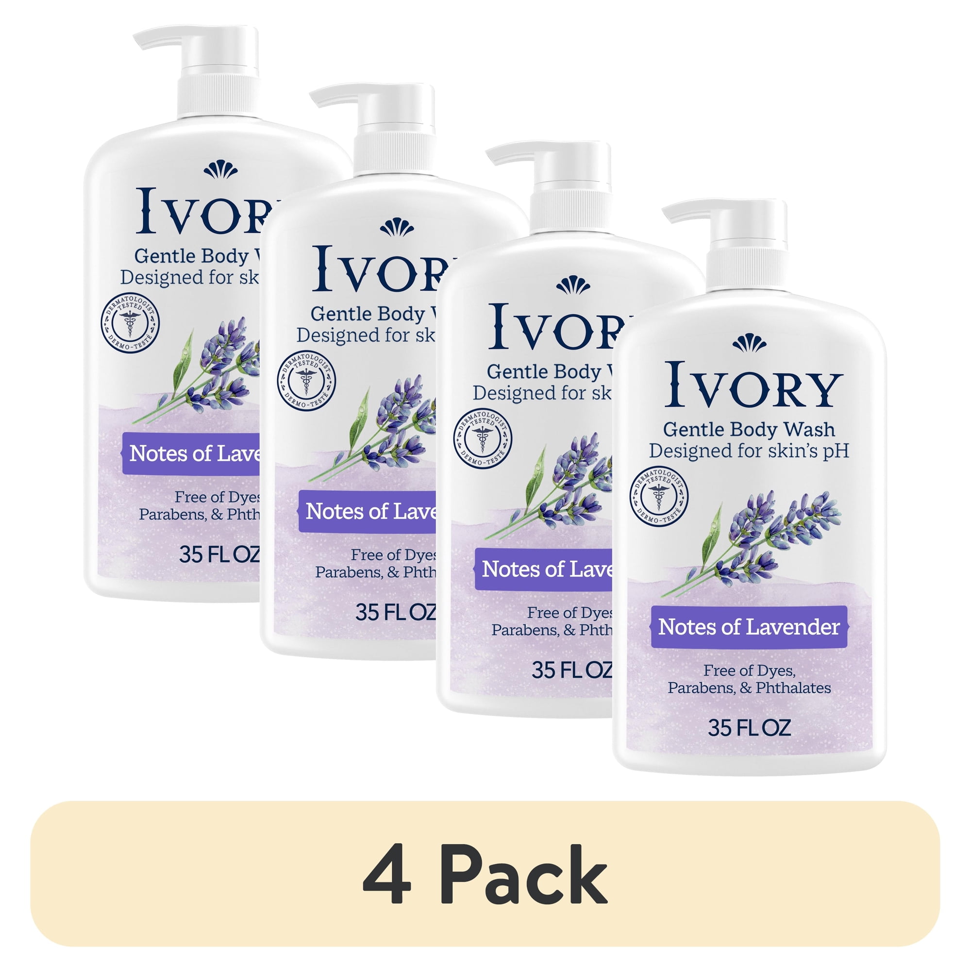 (4 pack) Ivory Body Wash, Mild Gentle, Lavender Scent, for All Skin Types, 35 fl oz