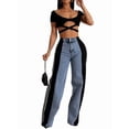 thumbnail image 2 of Women'S Patchwork High Waist Wide Leg Jeans Color Block Denim Straight Leg Trendy Trousers Blue Denim & Black S, 2 of 7