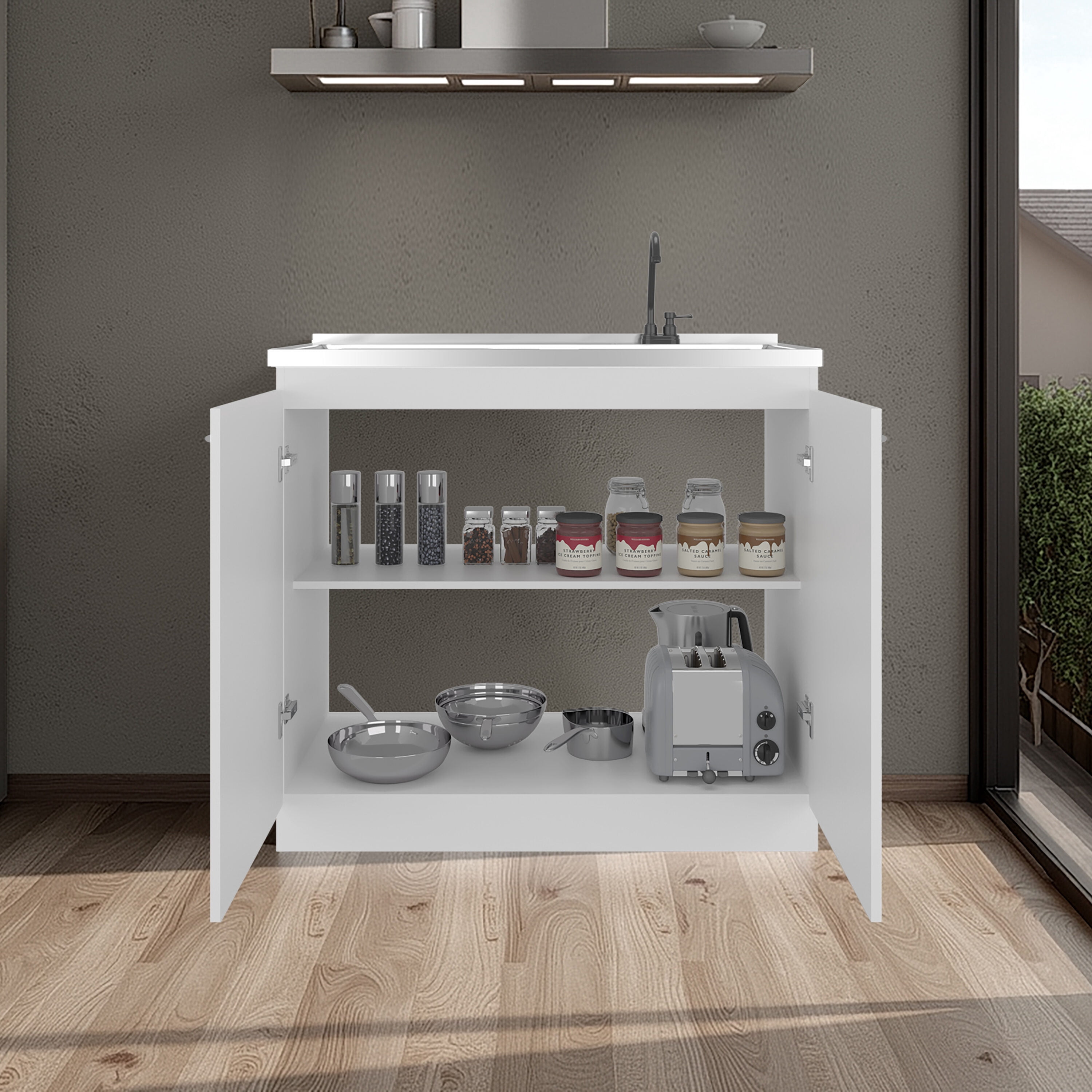 Undermount Kitchen Sink, Napoles Utility Sink with Faucet Inclued and Integrated Stainless Steel Counter top, Freestanding cabinet with two doors, Metal Handles and Two interior shelves, White