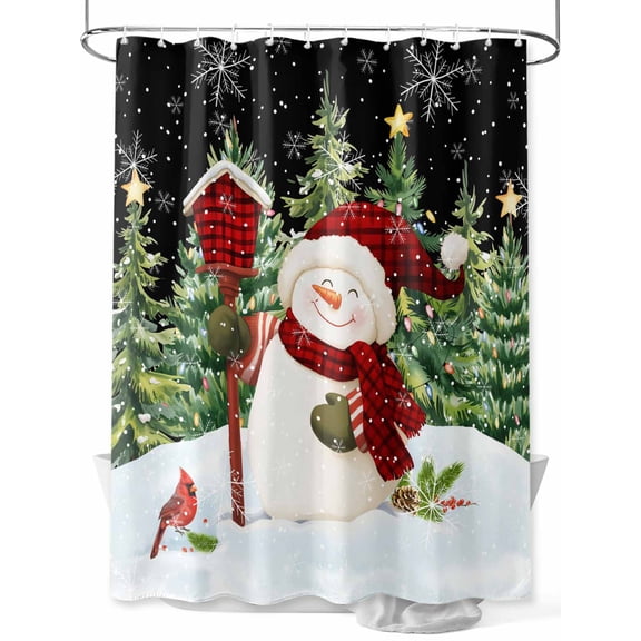 Black Snowman Christmas Standard Shower Curtain Set, Waterproof Shower Curtains for Bathroom, Green Xmas Tree Snowflake Winter Washable Fabric Cloth Bath Curtain for Bathtub with Hooks 72x72 Inches