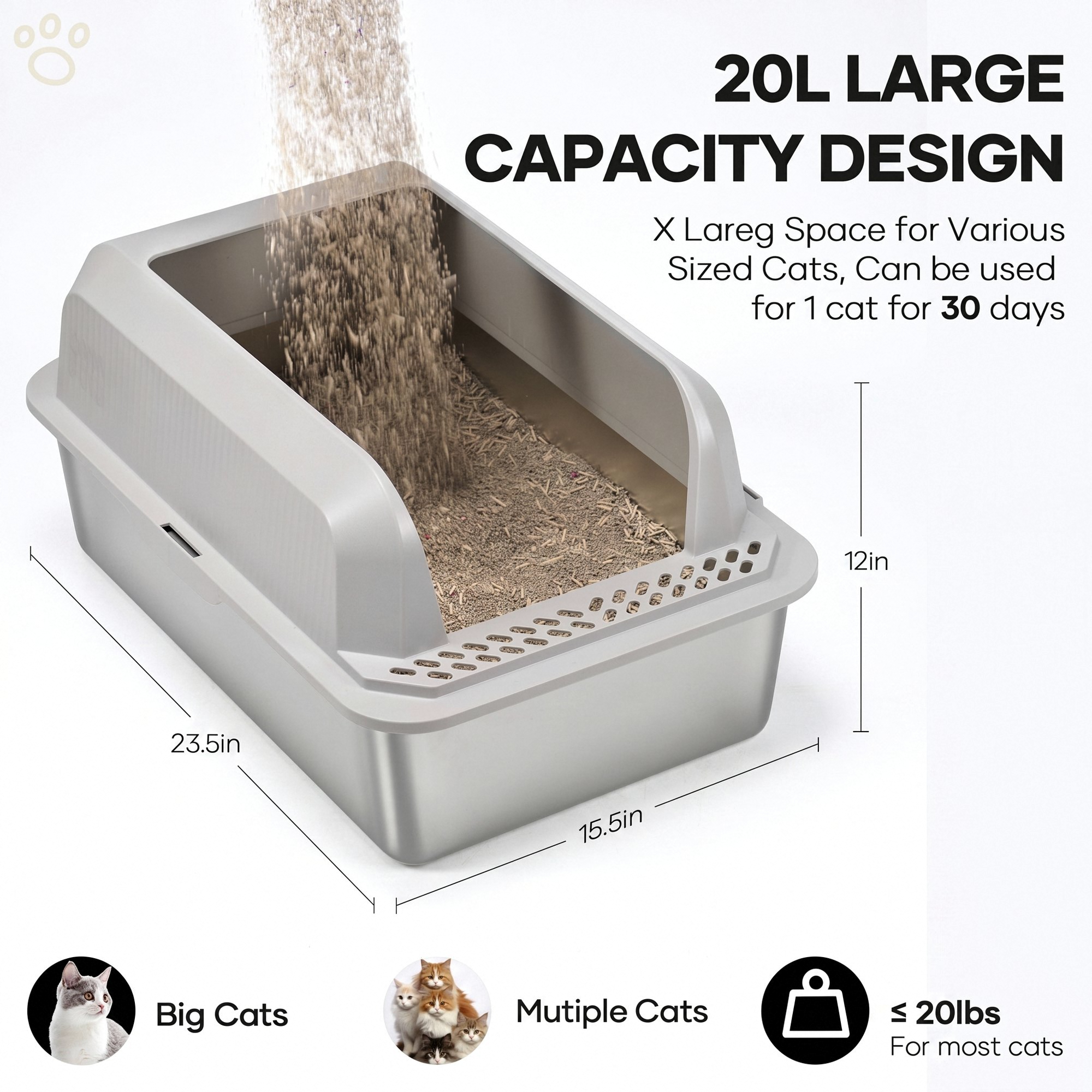 Naipo XL Stainless Steel Cat Litter Box 23.5 x 15.5 x 12 photo 2