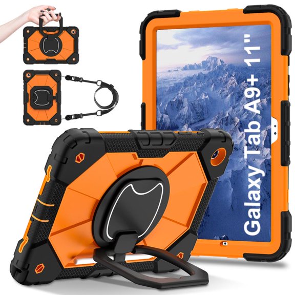 Armor Case for Samsung Galaxy Tab A9 SM-X110 SM-X115 SM-X117 8.7 inch A9 Plus SM-X210 SM-X216B SM-X218U 11 inch Stand Cover Capa (Black-Orange,A9 Plus SM-X210 X216)