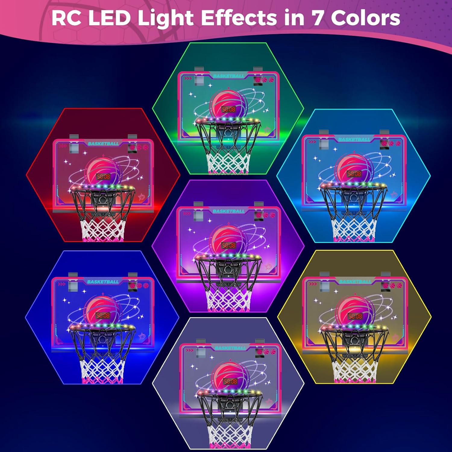 TERRAMUS LED Basketball Hoop,Indoor Basketball Set with 7 Color Lights, Glowing Rim, Scoreboard, Remote Controller, and Sports Toy for Girls Boys Ages 5-12+
