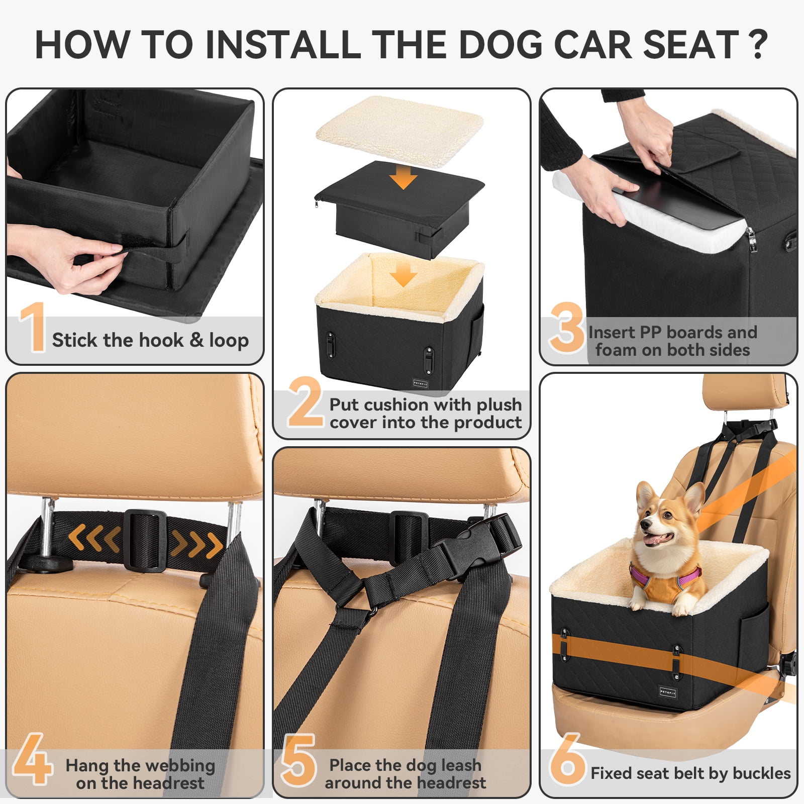 PETSFIT Dog Car Seats for Small Dogs, Patented Safety Buckles, Detachable Clip-On Safety Leash，30 LBS (Black)