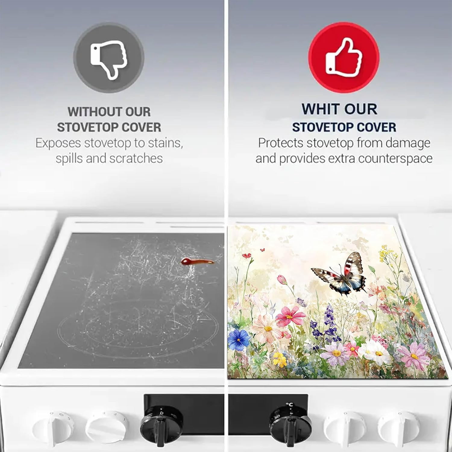 Butterfly Stove Top Cover for Electric 28x20 Inch Diatomite Floral Kitchen Decor Glass Cooktop Protector Heat Resistant Countertop Mat with Wildflower Meadow Design
