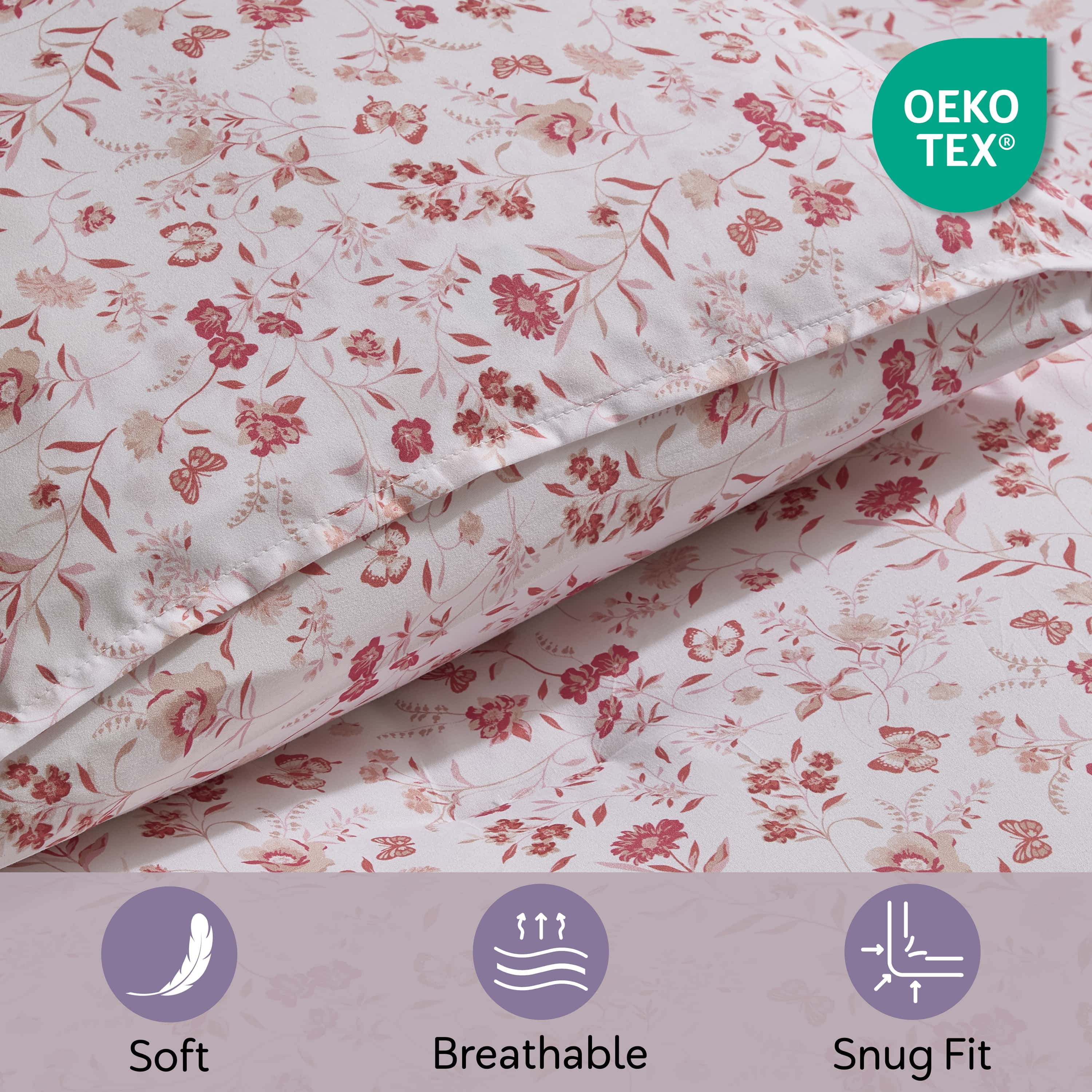 LammaLoe King Size Comforter Sets, 3 Piece Floral Bedding Comforter Set with Sheets, Bed in a Bag, Pink