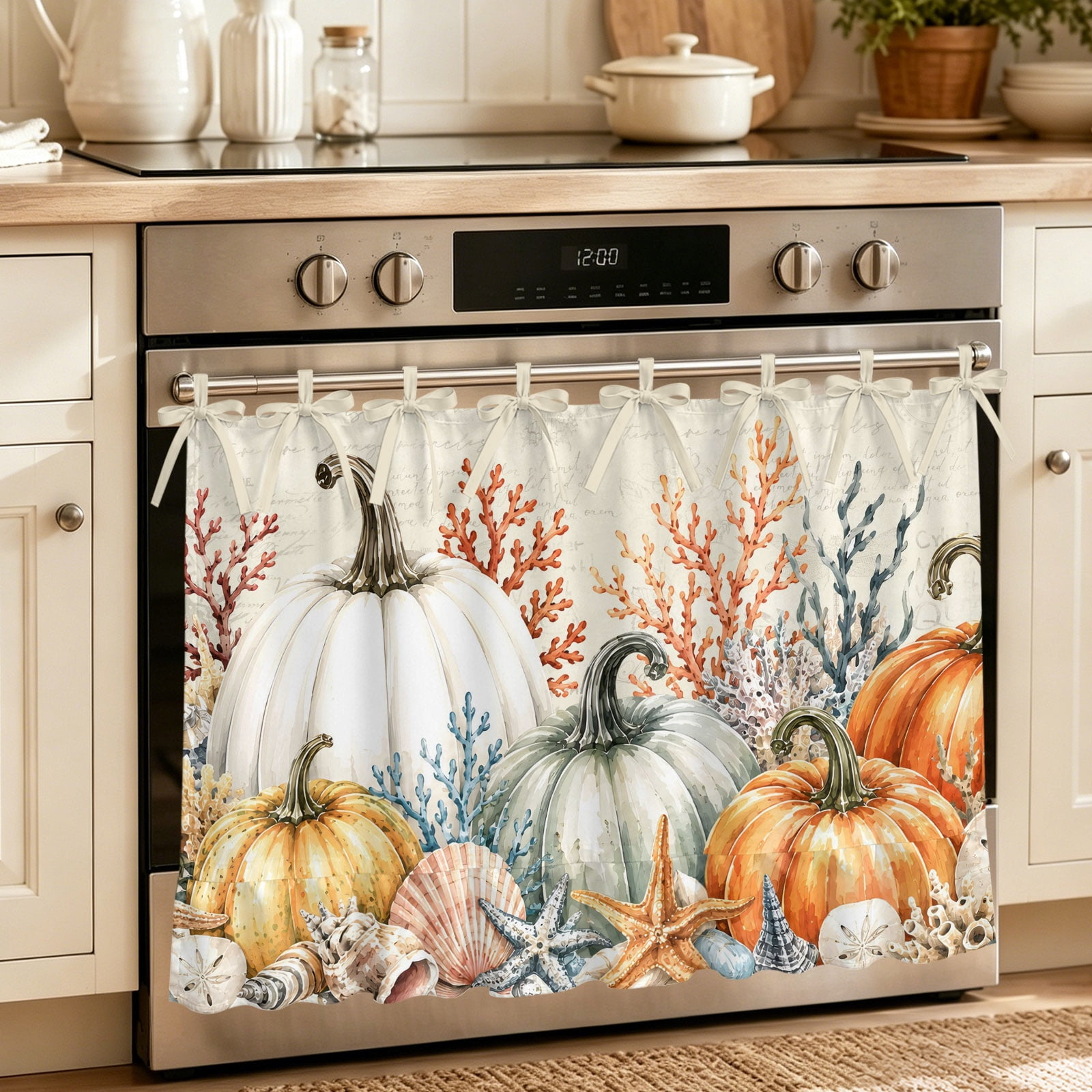 Oven Skirt Curtain for Kitchen 24x32 Inch Coastal Fall Oven Curtain with 8 Ribbon Ties & Ruffle Trim Stove Skirt Curtain Dishwasher for Cabinets Sinks Thanksgiving Orange Pumpkin Leaves Vintage