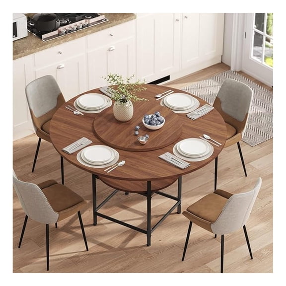 Round Dining Table for 4, Dinner Table with Storage Shelf, 47.2'' Dining Room Table, Circle Tables, Farmhouse Wood Kitchen Tables for Dining Room Living Room, Walnut and Black DTHZ12001