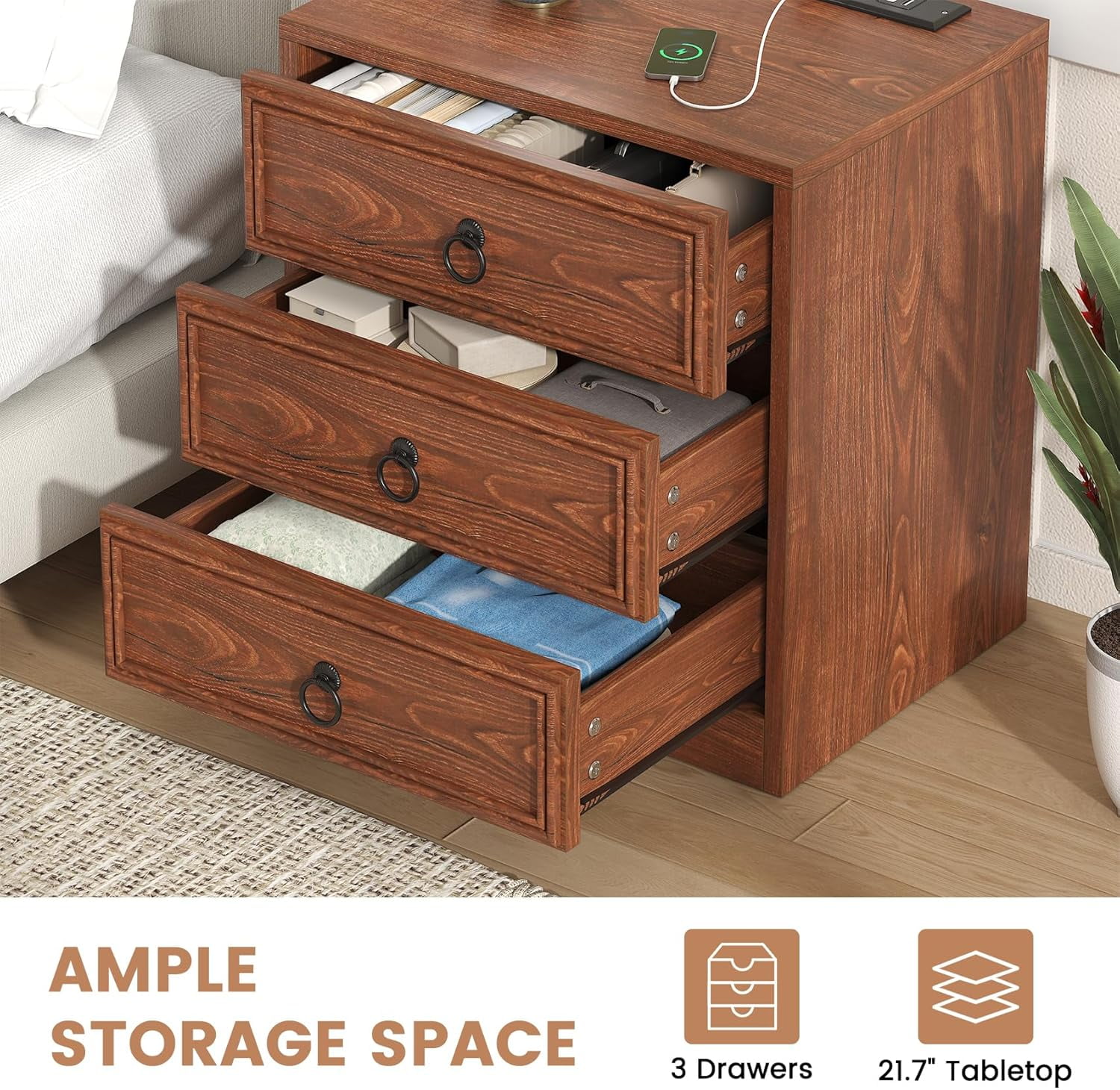 Winkalon 3 Drawers Farmhouse Nightstand with Charging Station, Rustic Bedside Tbale with Drawers for Bedroom, Vintage End Table for Bedroom Living Room, Cherry