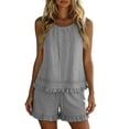 thumbnail image 2 of Wovilon Women's 2 Piece Sleeveless Cotton Linen Outfit Set with Ruffled Trim, Casual Tank Top and Drawstring Shorts, Summer Matching Relaxed Wear for Vacation, 2 of 9