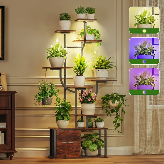 Cottinch 59" Plant Stand Indoor with Grow Lights, 9 Tiered Plant Shelf for Multiple Plants, Large Metal Plant Rack with Drawer, Mushroom-Shaped Flower Holder for Living Room, Balcony
