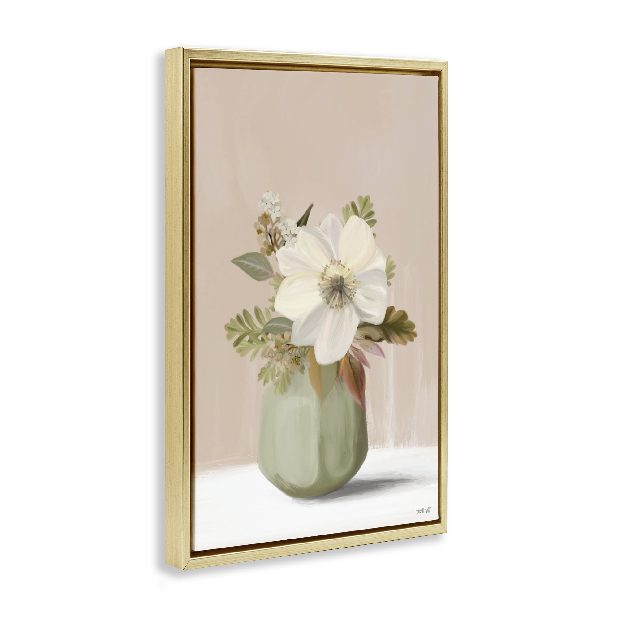 Stupell Industries Peach Pink Vase Botanical & Floral Painting Gold Floater Framed Art Print Wall Art, 21 x 31