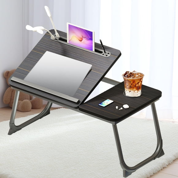 Mesa para Cama Plegable 60*40 cm,Mesita Laptop Cama con Portavasos,soporte para laptop,Escritorio Portatil para Laptop Con Ventilador y Luz de Lectura,Ajustable de 5 Niveles,para Estudiar y Trabajar
