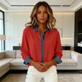 thumbnail image 6 of Olyvenn Women's Denim Patchwork Button Down Shirts Dressy Loose Long Sleeve Lapel Tops Colorblock Business Casual Blouse Red M, 6 of 9