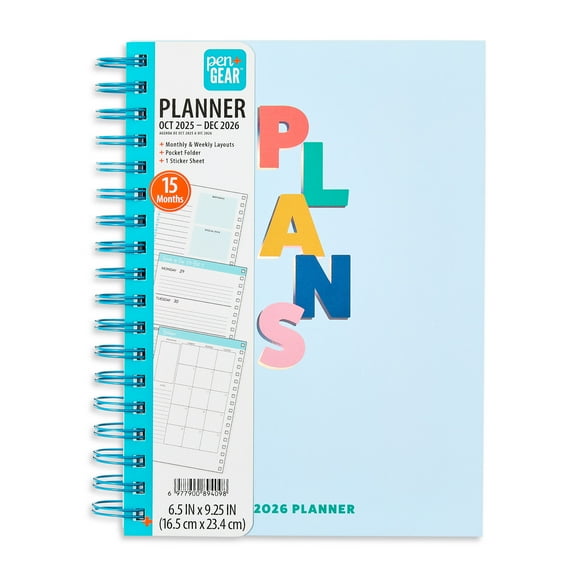 Pen+Gear 15-Month Weekly Planner, 6.5" x 9.25", Multicolor Plans, October 2025-December 2026
