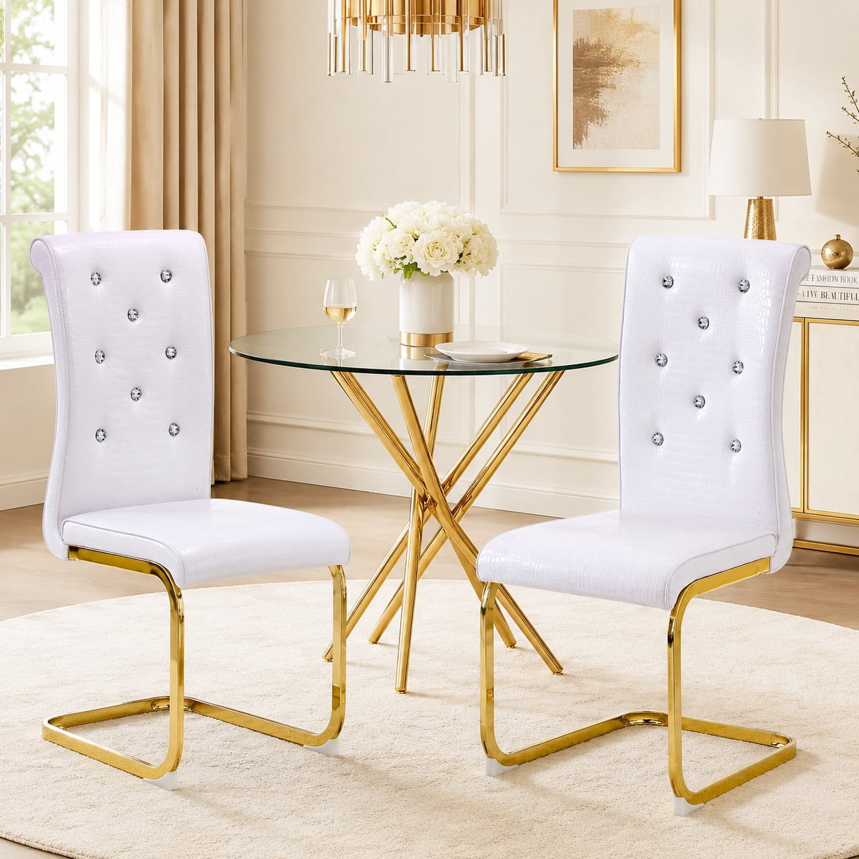 Aukfa Modern Dining Chairs Set of 2 , 400 lbs Heavy-Duty Faux Alligator Leather Kitchen Chairs with Crystal Button Tufted High Back,White