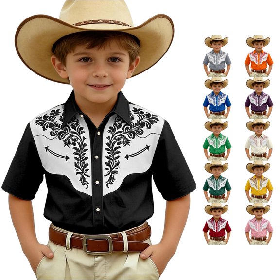 XAOFW Denim Short Sleeve Shirt For Kids Boys Casual Lapel Printed Western Shirts With Button Front Stylish Tops 3-4 Years