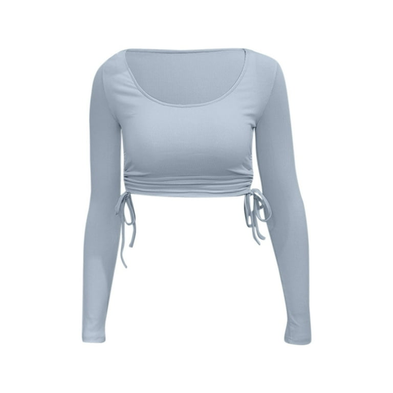 YYDGH Women's Crew Neck Ruched Side Drawstring Crop Top Long Sleeve Ribbed Fitted Crop T-Shirt Cute Solid Color Bodycon Tops Blue M YYDGH Women's Crew Neck Ruched Side Drawstring Crop Top Long Sleeve Ribbed Fitted Crop T-Shirt Cute Solid Color Bodycon Tops Blue M