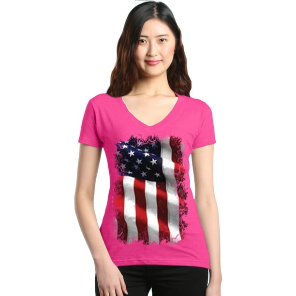 Shop4Ever Shop4Ever Women's Patriotic American Flag 4th of July USA Slim Fit VNeck TShirt