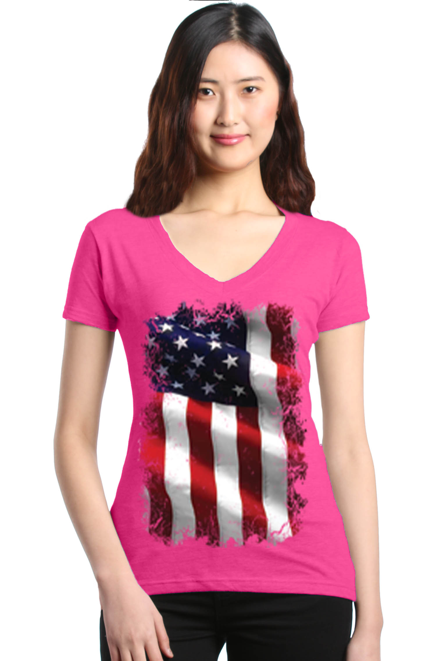 Shop4Ever - Shop4Ever Women's Patriotic American Flag 4th of July USA Slim Fit V-Neck T-Shirt 