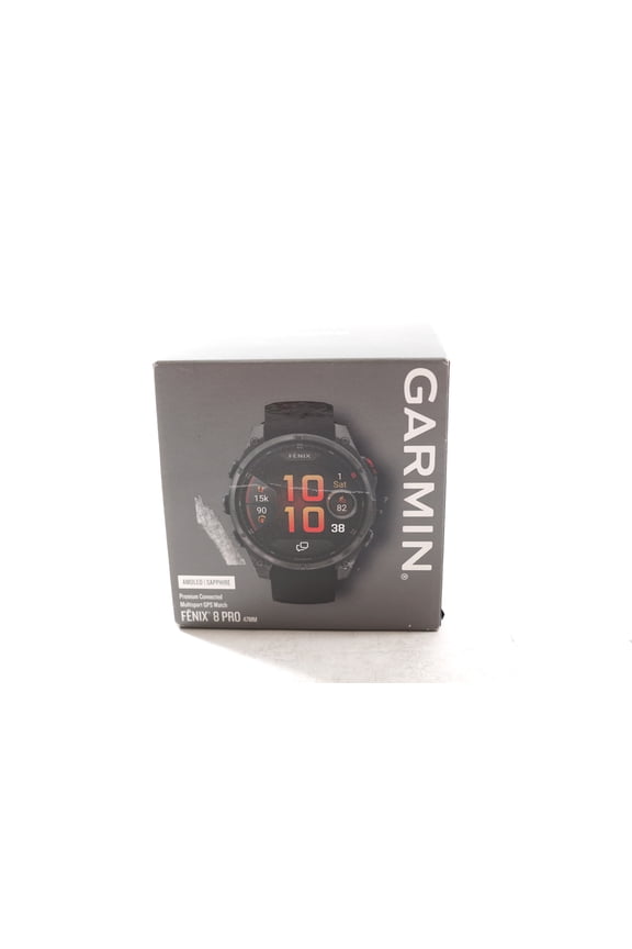 Pre-Owned Garmin fnix 8 Pro, 47mm, AMOLED Display, Premium Connected Multisport GPS Smartwatch, inReach Technology, Sapphire, Carbon Gray DLC Titanium with Black/Pebble Gray Silicone Band