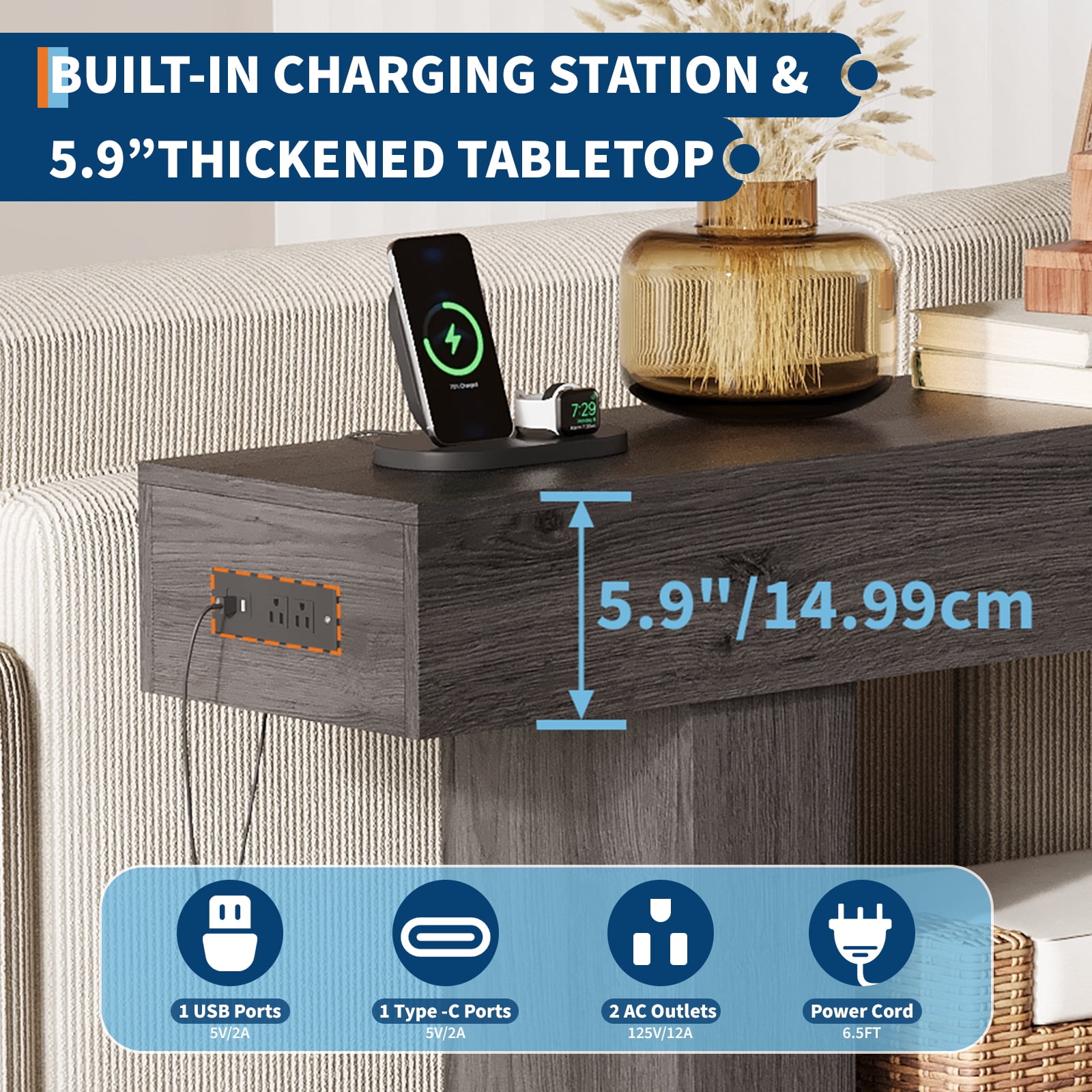63 Inch Long Console Table with Charging Station, 2-Tier Narrow Entryway Table with USB c Ports & AC Outlets, Farmhouse Sofa Table Behind Couch for Living Room, Hallway, Gray