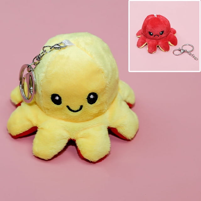 Qiaoxi Pendentif en Peluche Pieuvre Réversible, Expression Double Face, Porte-Clés Pieuvre à Retourner, Jouet Poupée