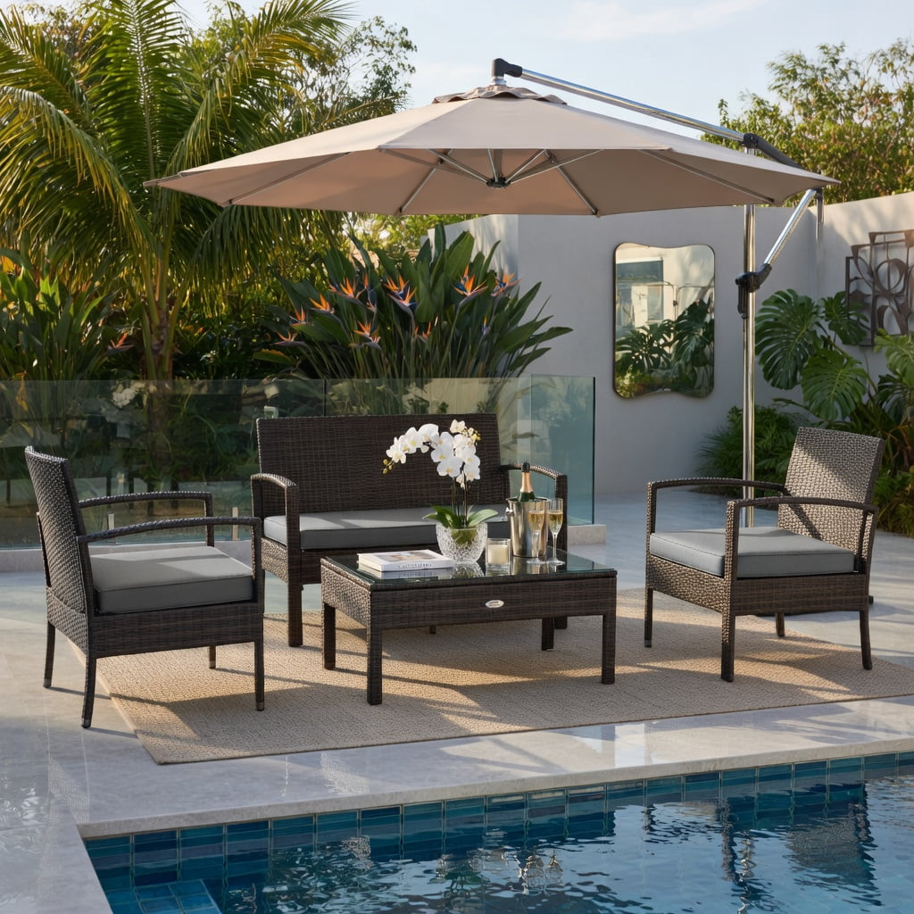 Hommoo 4-Piece Outdoor Rattan Patio Furniture Set, PE Wicker Loveseat, 2 Armchairs, and Coffee Table with Removable Cushions, Brown