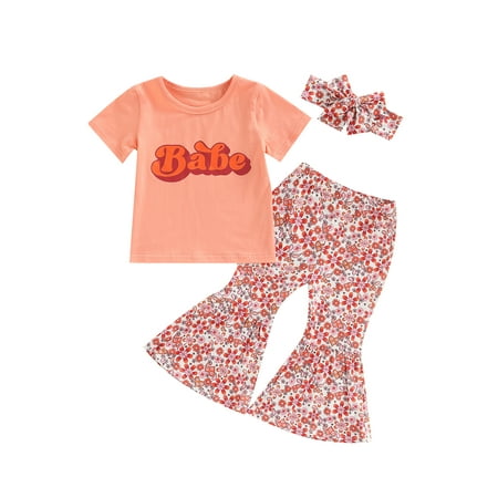 

Calsunbaby Kids Baby Girls Set Letter Print Short Sleeve Tops T-shirt Floral Flare Pants Headband Outfits Orange Pink 4-5 Years