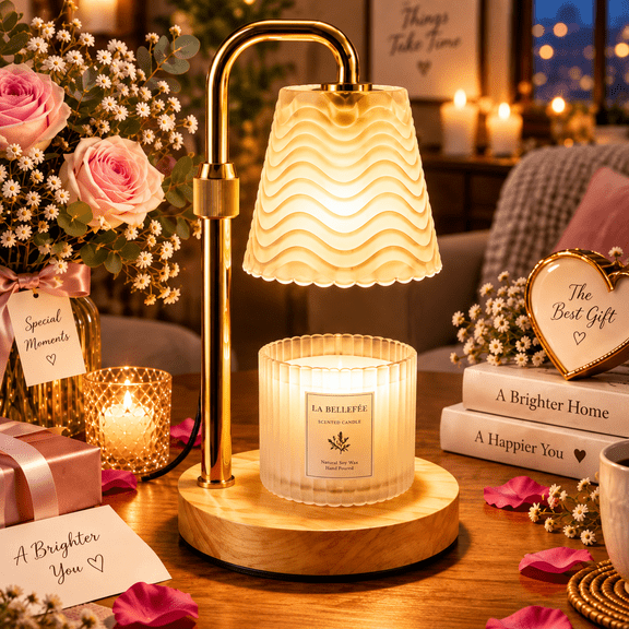 Hausdemo Candle Warmer Lamp, Timer, Dimmable, Adjustable Height, for Scented Jar Candles, Birthday Gifts for Women Mom, Home Decor, Wood Wave with Bulbs