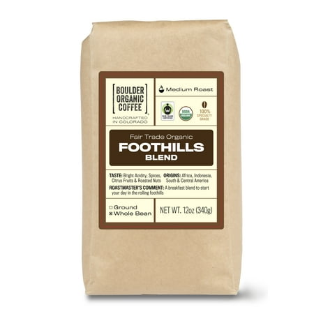 Boulder Organic Foothills Blend Organic & Fair Trade Whole Bean Coffee, Medium Roast, 12 oz. Bag, Roast to Order