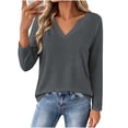thumbnail image 2 of Xaqiouau Women's V-Neck Long Sleeve T-Shirt Solid Color Relaxed Fit Basic Top Stretch Casual Base Layer Shirt Spring Fall Everyday Wear Versatile Staple Gray L, 2 of 7
