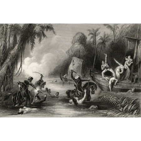 Massacre In The Boats Off Cawnpore 1857 From The History Of The Indian Mutiny Published 1858 Stretched Canvas - Ken Welsh  Design Pics (18 x