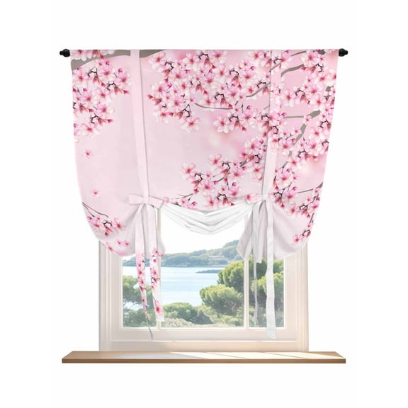 Pink Flowers Tie Up Curtains for Windows 45 Inch Length Balloon Curtains Kitchen Adjustable Balloon Window Shade Spring Botanical Floral Branches Gradient Tie Up Bathroom Curtain Window 52"x45"