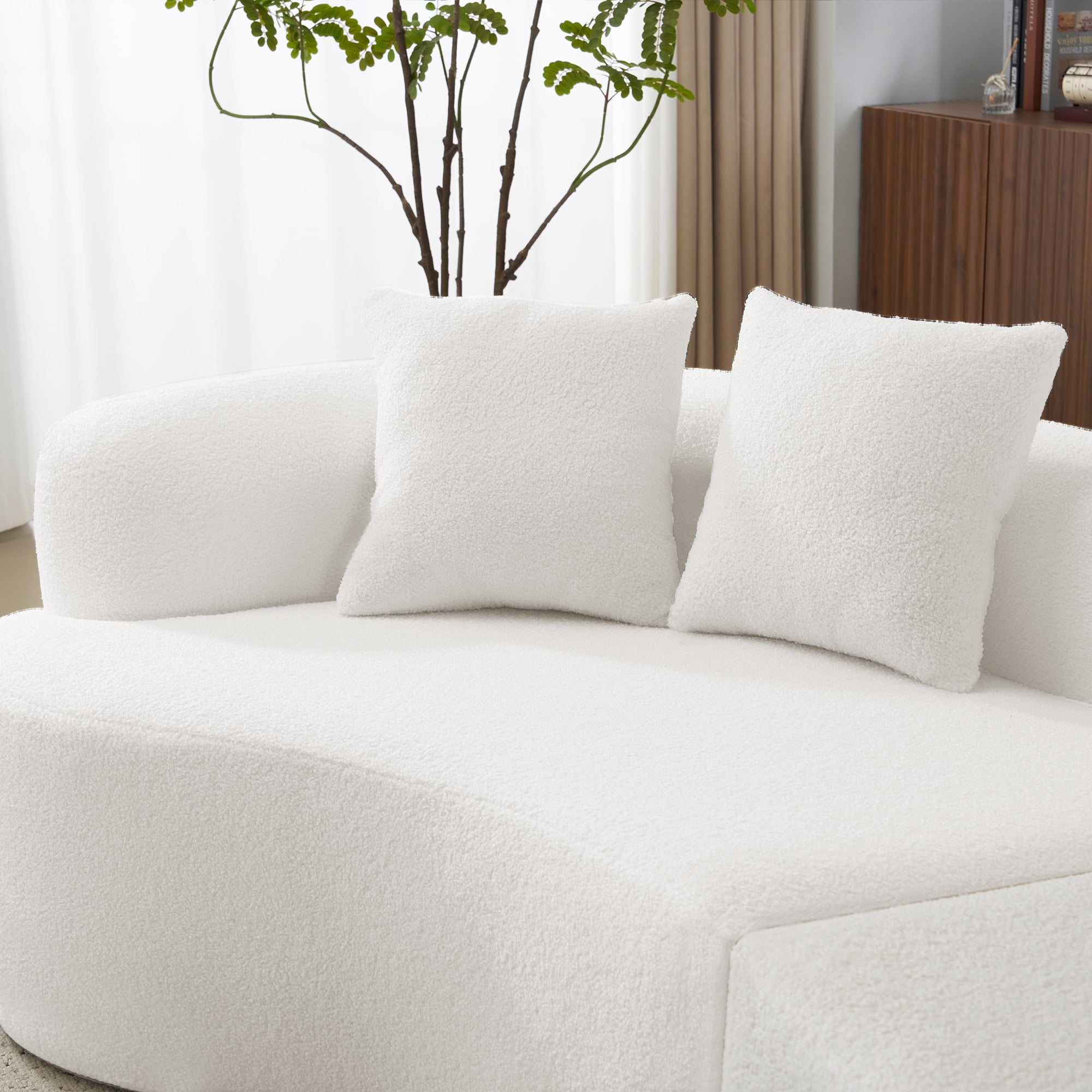 Curved Four Seater Sofa 106.7 Inch, Teddy Velvet Fabric Compression Sponge Couch, No-Assembly Compact Sofa for Apartments, Cloud-Like Comfort, White