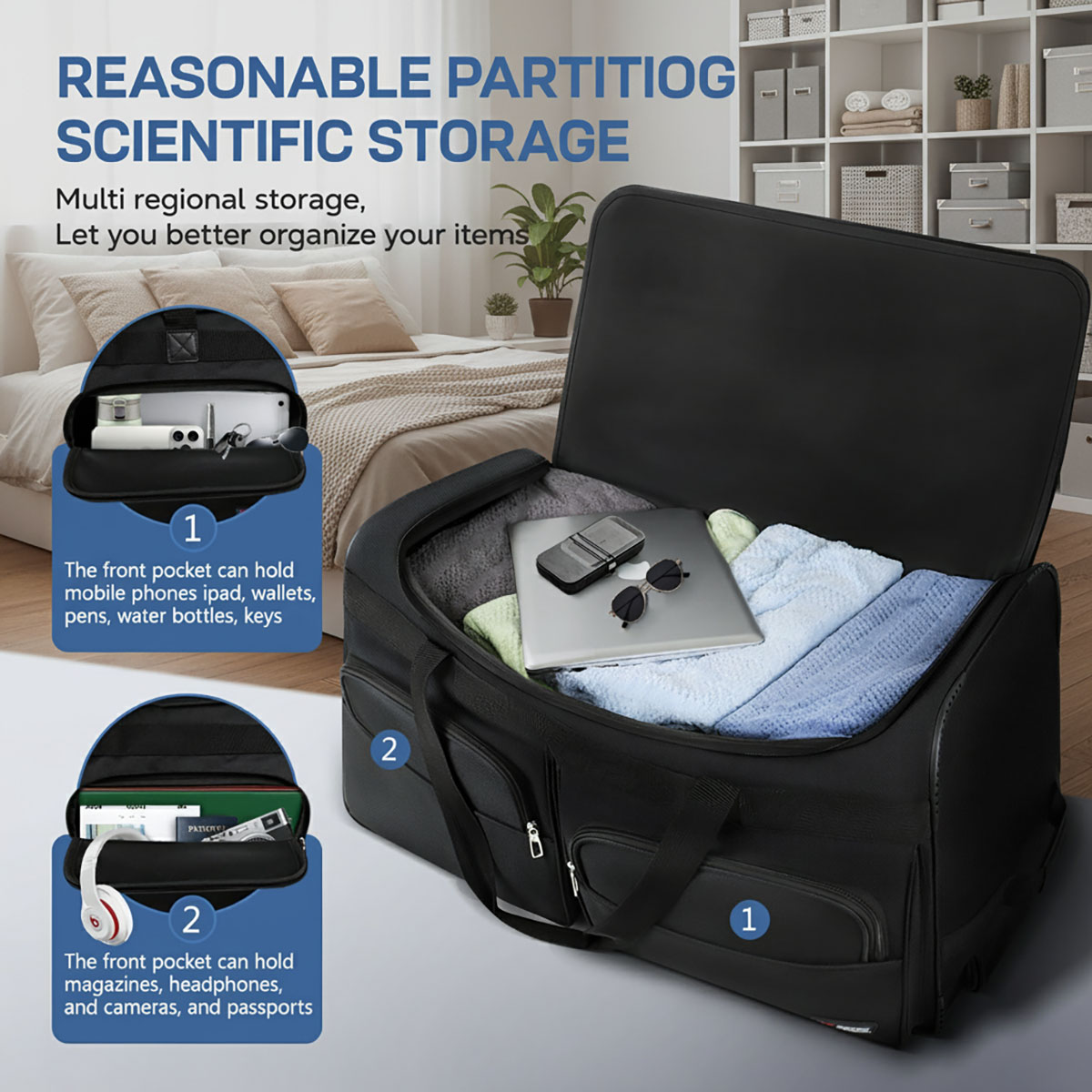New York Xpress 40" Foldable Rolling Duffel Bag with Wheels, Durable Polyester Travel Bag, Black,TB328