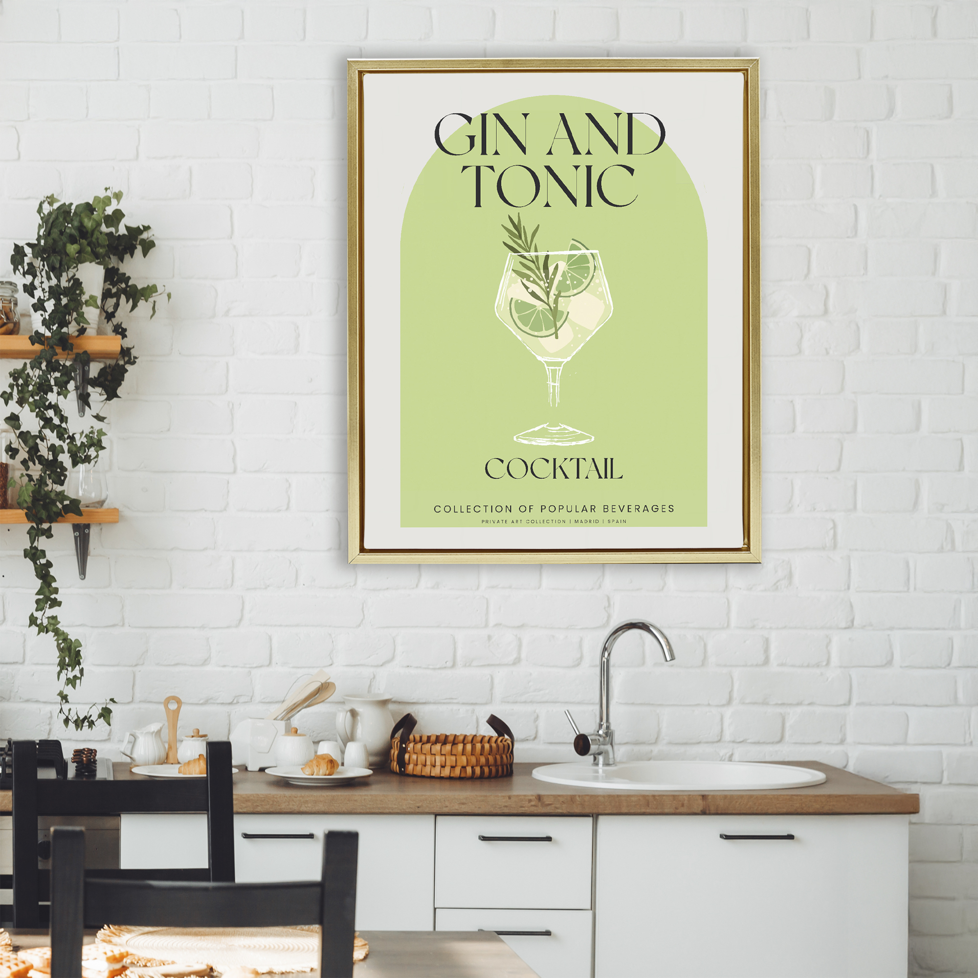 Stylish Retro Gin & Tonic Gold Framed Floater Canvas Wall Art, design by Lil' Rue