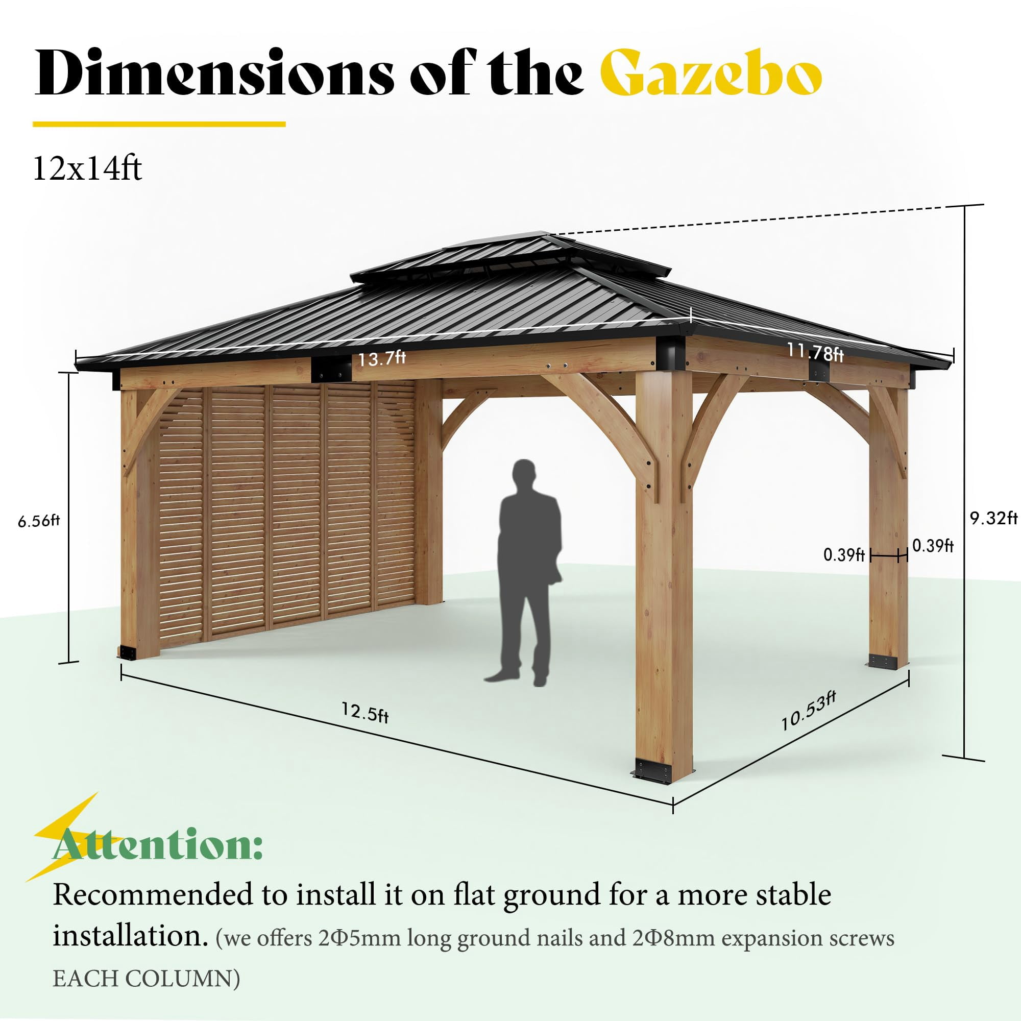 Jocisland 12' x 14' Permanent Wood Gazebo with Privacy Wall, Spruce Frame Hardtop Gazebo with Double-Tier Roof, Outdoor Pergola for Backyard & Patio