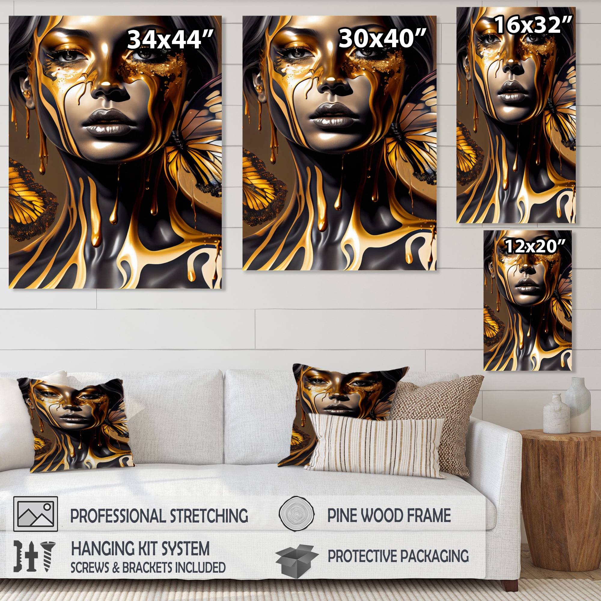 Designart Attractive Woman With Gold Butterflies II Canvas Wall Art