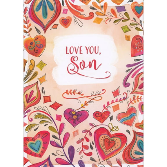 Designer Greetings Red, Pink, Orange and Blue Concentric Hearts with Purple, Pink and Gold Vines Valentine's Day Card for Son