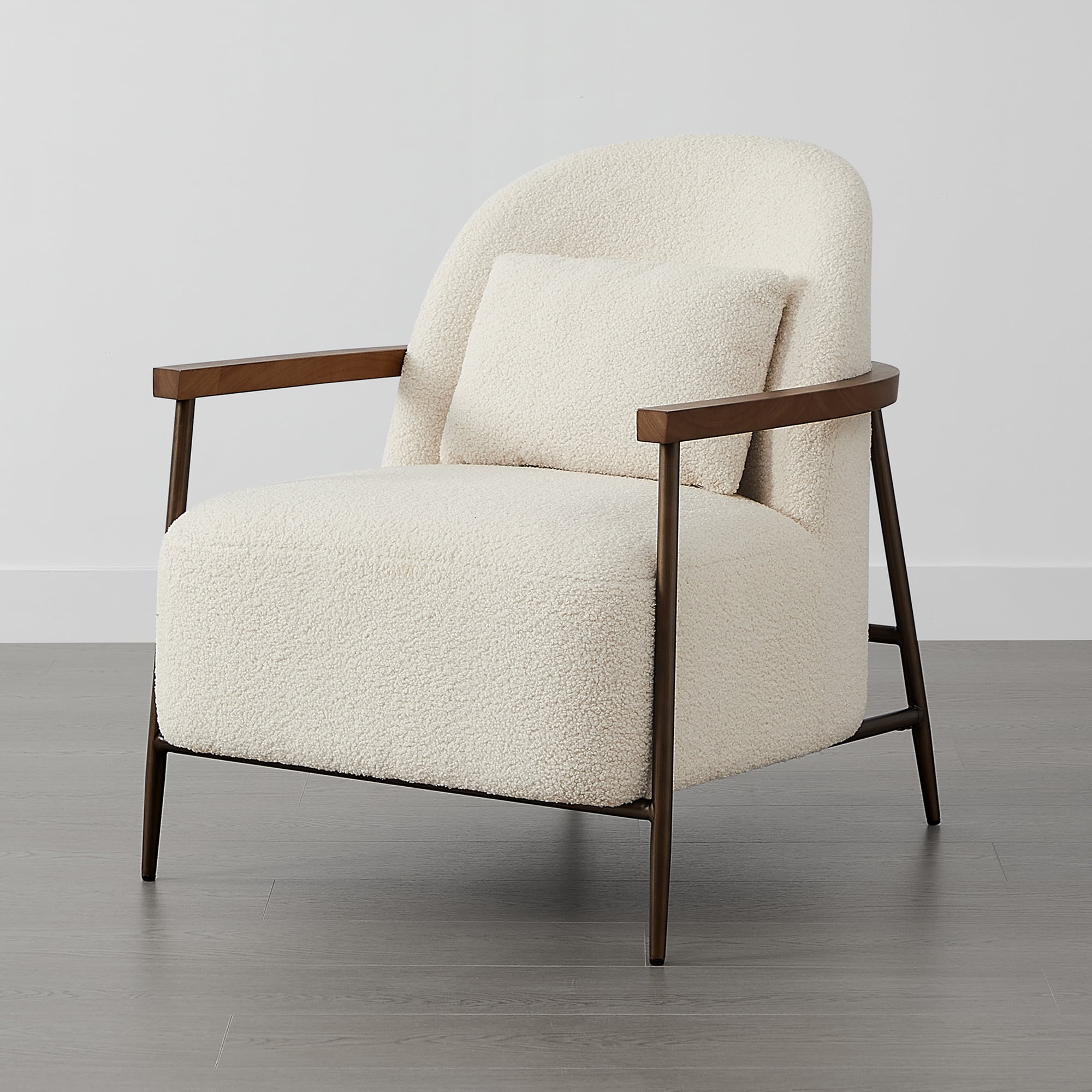 Spruce & Spring Modern Upholstered Faux Sherpa Accent Chair with Wood Arms and Metal Legs, Set of 2, Ivory