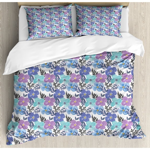 Floral Duvet Cover Set King Size, Hand Drawn Soft Spring Tones Flower with Grid Ornament, Decorative 3 Piece Bedding Set with 2 Pillow Shams, Dark Ceil Blue Baby Blue Lavender Yellow, by Ambesonne