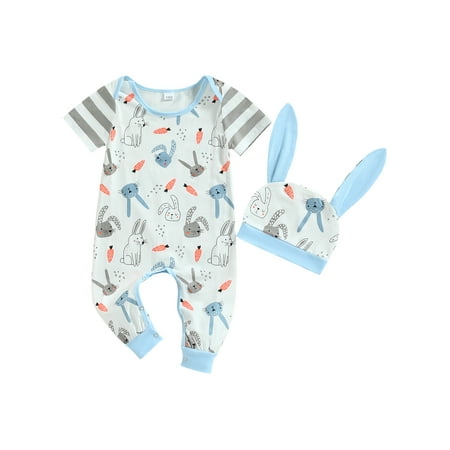 

Mubineo Baby Girl Boy Romper Short Sleeve Round Neck Rabbit Print Long Jumpsuit Casual Spring Summer Romper + Hat