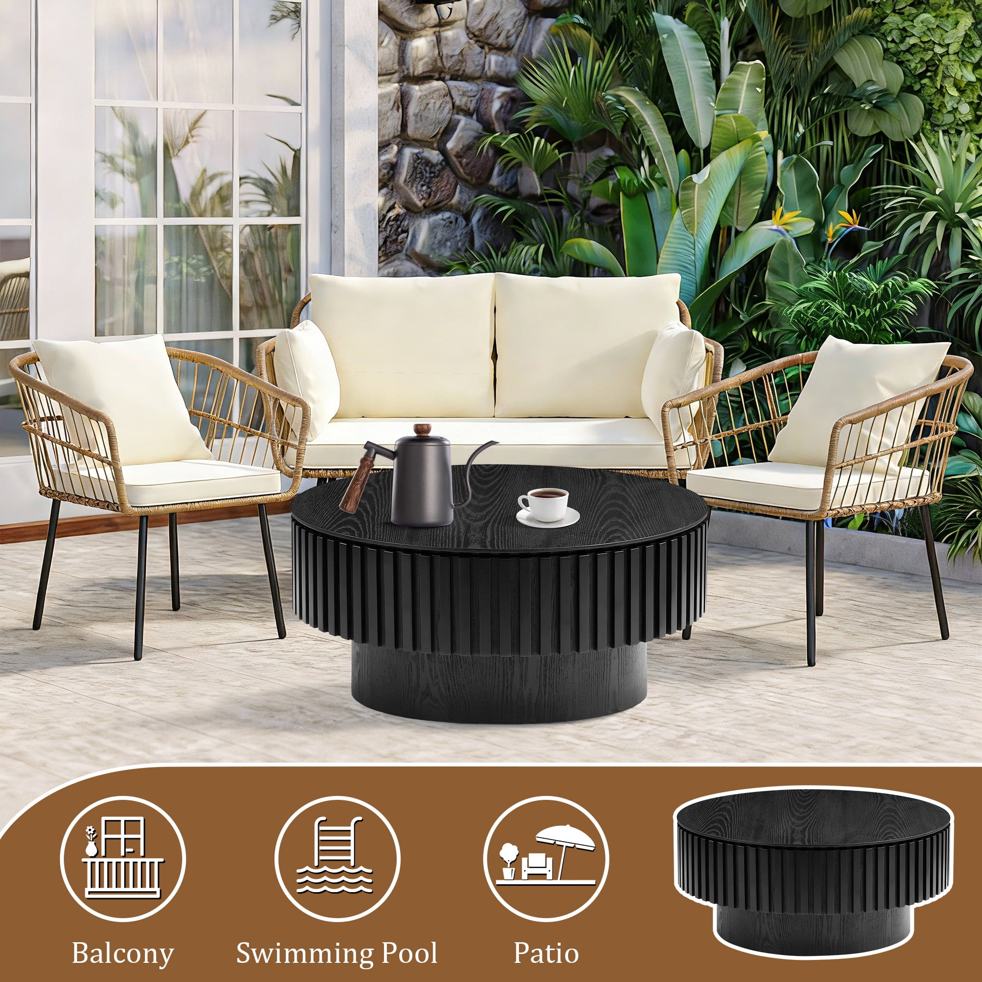 FFH 31.5" Round Coffee Table with Storage, Small Wood Coffee Table with Sturdy Pedestal for Living Room, Apartment, Black