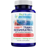 Trans-Resveratrol (1000 mg per 2 capsule serving, 60 capsules) by ProHealth Longevity