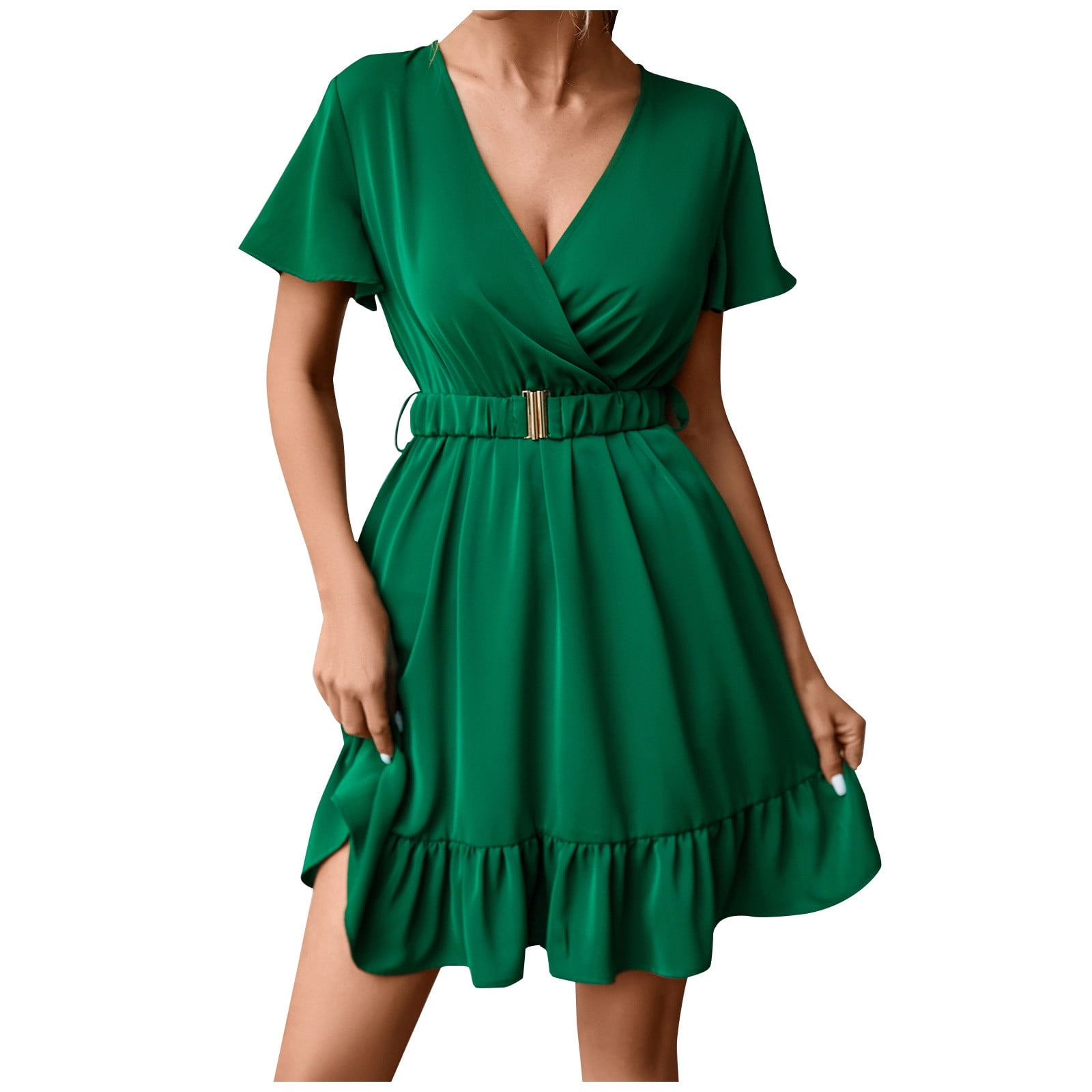 Bigersell Women Ruffle Mini Dress Wrap V-Neck Short Sleeve Cocktail Party Dress with Belt Pleated A-Line Swing Skater Dresses Summer Mini Short Dress Club Party Dress, Green L