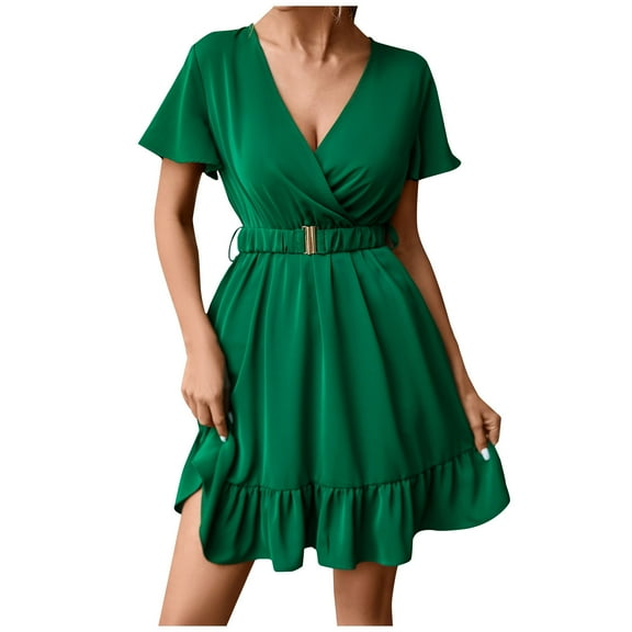 gakvbuo summer dresses for women 2024 vacation trendy Fashion Sexy Women V-Neck Summer Solid Casual Short Sleeve Mini Dress
